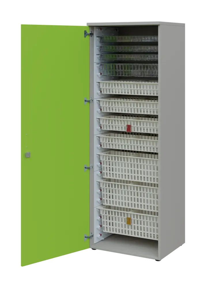 EUROMEDICA D - 66 skříň léková boxová, 1-dveřová, levá, 1950x660x535, korpus šedý, dvířka jarní zeleň